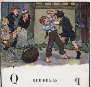 Barnbok "" Jag kommer att läsa - Metodiskt och roligt alfabet av en pappa""" 1926. Illustration av Robert Salles (1871-1929). Abecedaire: bokstaven Q som Querelle. Två pojkar slåss på gården.