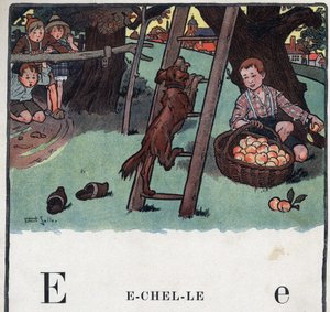 Barnbok "" Jag kommer att läsa - Metodiskt och roligt alfabet av en pappa""" 1926. Illustration av Robert Salles (1871-1929). Abecedary: bokstaven E som skala. En hund klättrar till stegen poserar mot ett äppelträd. av Robert Salles