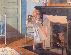 Liten flicka håller i en klocka vid en öppen spis (färglitografi)