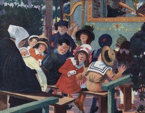Dockteater: Barn i guignol-teatern blir förvirrade av en gråtande bebis. Illustration av Robert Salles (1871-1929) i "" Je sais Lire"".