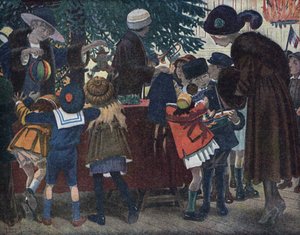 Julgranen från Alsace från Lorraine: barn från Alsace och Lorraine (Alsace-Lorraine) kommer för att hämta sina presenter runt julgranen som erbjuds staden. Illustration av Robert Salles (1871-1929) i "" Je sais Lire"".