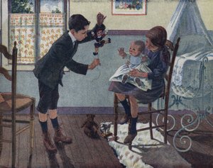 Lillebrors utbildning: i ett rum tittar en bebis som sitter i sin storasysters knä på dockan som hans bror vaknar. Illustration av Robert Salles (1871-1929) i "" Je sais Lire"".