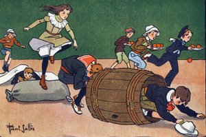 Hinderloppet. Gravering i "" Vad spelar vi? ”” av E. Weber med akvarellteckningar av Robert Salles (1871-1929). Librairie Garnier Freres, Paris