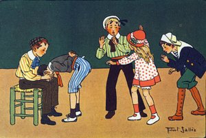 Den varma handen. Gravering i "" Vad spelar vi? ”” av E. Weber med akvarellteckningar av Robert Salles (1871-1929). Librairie Garnier Freres, Paris