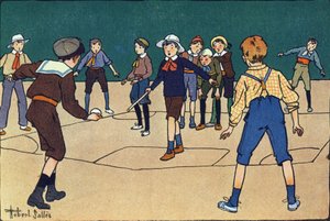 Theque (lagspel med boll och pinne). Gravering i "" Vad spelar vi? ”” av E. Weber med akvarellteckningar av Robert Salles (1871-1929). Librairie Garnier Freres, Paris av Robert Salles