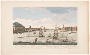 Utsikt över floden Neva i Sankt Petersburg, sedd nedströms En perspektivvy av stranden av Neva, när han kommer nerför floden (...) (titel på objektet)