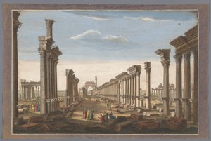Vy över ruinerna av pelargångsbågen vid Palmyra, sett från västra sidan Resterna av det stora templet i Palmira sett från väster (titel på objektet)