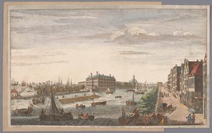 Se över Admiraliteitsmagazijn i Amsterdam En vy av amiralitetet i Amsterdam, av förrådshusen, kajerna och hamnen, som tillhör det, och till Ostindiska kompaniet av Holland (titel på objektet)