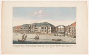 Utsikt över vinterpalatset och kanalen mellan floderna Mojka och Neva i Sankt Petersburg En vy av det antika vinterpalatset som tillhör hennes kejserliga majestät och över kanalen som förenar Moikan med Neva i St. Petersburg (titel på objektet)