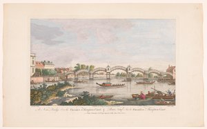 Utsikt över Hampton Court Bridge över Themsen mellan Hampton och East Molesey En ny bro över Themsen vid Hampton Court (titel på objekt) av Robert Sayer