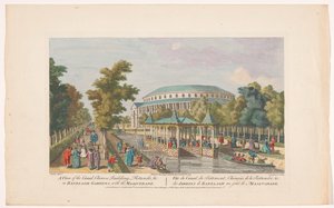 Utsikt över Rotundan och den kinesiska paviljongen på kanalen i Londons Ranelagh Gardens med en maskeradbal Utsikt över kanalen, kinesisk byggnad, Rotundo, etc. vid Ranelagh Gardens, med maskeraden (titel på objektet) Ranelagh Gardens och Vauxhall G