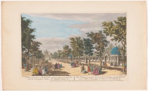Utsikt över en aveny med en triumfbåge i Vauxhall Gardens i London En vy över den stora söderpromenaden i Vauxhall Gardens. Med triumfbågarna, Mr. Händels staty, &c (titel på föremål) Ranelagh Gardens och Vauxhall Gardens (serietitel)