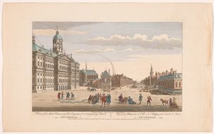Utsikt över stadshuset i Amsterdam med brandmän på torget Dam En vy av Stadshuset och motorerna för att släcka brand i Amsterdam (titel på objektet) Holland (serietitel) av Robert Sayer