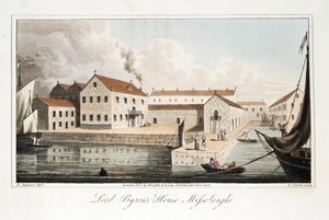 Lord Byrons hus i Missolonghi, från The Last Days of Lord Byron av William Parry, pub. 1825 (handkolorerat gravyr)