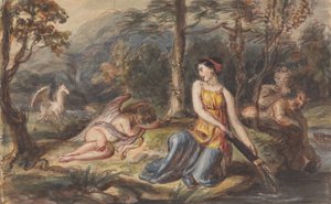 Diana, jaktens gudinna, med satyrer, sovande Amor och en Pegasus i ett skogslandskap
