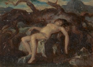 Kvinna som sover naken i ett skogslandskap