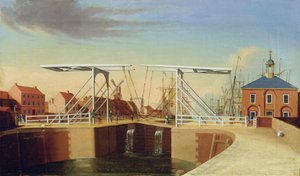 An East View of the Bridge and New Dock at Kingston upon Hull (olja på duk)