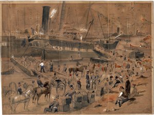 Artilleri går ombord på Argo, vid Balaklava, maj 1856 - Artilleri går ombord på Argo. Balaclava, maj 1856 av Landells, Robert Thomas (1833-1877)