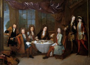 Skinka frukost. Adelns män delar en kallskuret middag. Målning av Robert Levrac Tournieres (1667-1752)