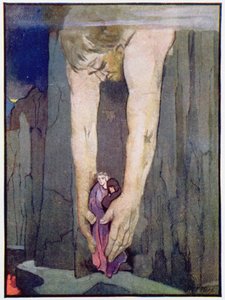 Antaeus sätter ner Vergilius och Dante i helvetets sista cirkel, ca 1910 (färg litho)