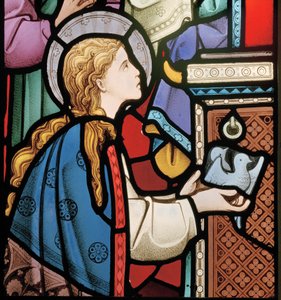 Maria erbjuder duvor vid templet, detalj från östfönstret, 1864 (målat glas)