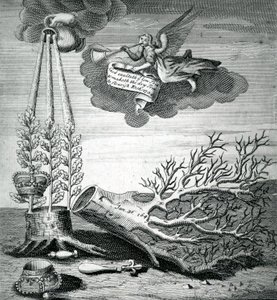 Emblematiskt tryck som hänvisar till avrättningen av Karl I och Stuart-tronföljden, 1715