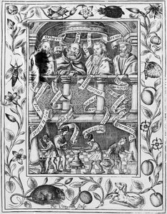 Stora alkemister inspirerar till arbete i laboratoriet från Theatrum Chemicum Britannicum, 1652