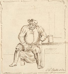 Skiss på sittande man med mugg, möjligen Falstaff