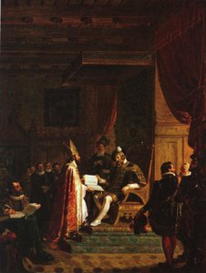 Mikael Agricola överlämnar finska NT till Gustav Vasa av Robert Wilhelm Ekman