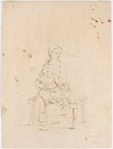 Ung kvinna sitter på en bänk med ett litet barn i famnen av Robert Wilhelm Ekman