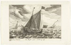 Boeiers Een Boeijer groot om 44 Last / Boïer de 44 Tonneaux (titel på objekt) Hollandse scheepstypen, 1627 (serietitel) Olika fartyg Don ton se sert dans les Unies provinser / Ikoner för olika holländska fartyg vars användning huvudsakligen är i vattnen i