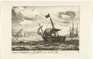 Dogger av dogboot Een Dogh-boot groot om 8 Last / Dogh-Boot de 8 Tonneaux (titel på objekt) Hollandse scheepstypen, 1627 (serietitel) Olika fartyg Don ton se sert dans les Unies Provinces / Ikoner för olika holländska fartyg vars användning är maxi