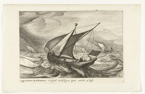 Frisiska färjor Vriesche Ferry fartyg stora ca 38 Last / Cague de Frise. The 38 Tonneaux (titel på objekt) Holländska skeppstyper, 1627 (serietitel) Diverse Navires Don to se sert dans les Provinces Unies / Icones Variarum Navium Hollandicarum