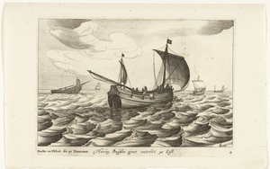 Haringbuizen Haring Buyssen groot om 40 Last / Buche ou Flibot de 40 Tonneaux (titel på objekt) Hollandse scheepstypen, 1627 (serietitel) Olika fartyg Don ton se sert dans les Unies Provinces / Ikoner för olika holländska fartyg vars användning