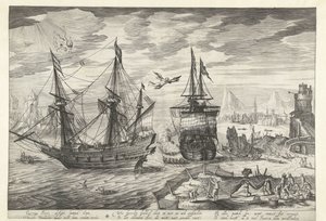 Hamn med skepp, på himlen Ikaros fall av Robert de Baudous