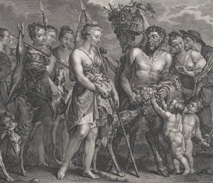 Diana återvänder från jakten, åtföljd av hundar och hennes nymfer till vänster, två satyrer..., ca. 1808 av Robert de Launay