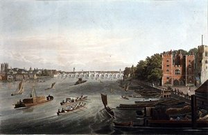 Utsikt över Westminster Bridge och Lambeth Palace, pub. 1820 av Colnaghi & Co. (gravyr)