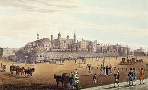 Utsikt över Tower of London och myntverket, pub. av Colnaghi und Co, 1821 (färgad bekant)