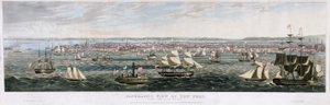 Panoramautsikt över New York, från East River, pub. 1844 (lito i färg)