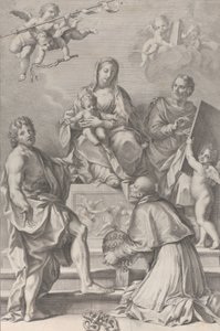 Madonna och barnet i centrum med Johannes Döparen, Sankt Lukas, påven Peter Celestini,..., 1694.