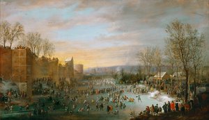 Patinage sur les douves Gelees de Bruxelles - Skridskoåkning i bygraven i Bryssel, av Hoecke, Robert van den (1622-1668). olja på trä