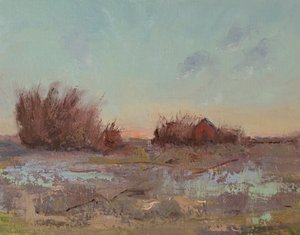 Granaries By The Slough, 2023 (olja på linnepanel) av Roberta Murray