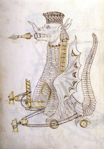 Arabica maskin. Illustration av en arabisk krigsmaskin i form av en drake med gigantiska pilar som kommer ut ur munnen. I 