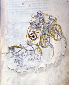 Krigskonst: studie av militära maskiner. Stridsvagn utrustad med lie, illustration från 