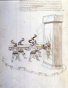 Krigskonst: studie av militära maskiner. användning av bagge för att belägra ett torn, illustration från 