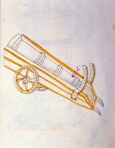 Krigskonst: studie om militärmaskineri. Canon poserar på sin klocka, illustration från 