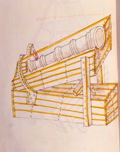 Krigskonst: studie om militärmaskineri. Canon poserar på sin klocka, med ett system för att lyfta den, illustration från 