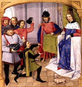 Fransk släkting Philip V (1293-1322) tar emot skatt, belysning av Robinet Testard från "Grandes Chroniques de France" 1471