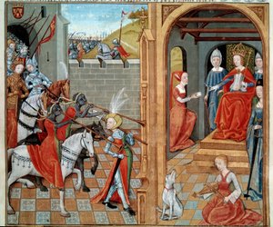 Amazonerna har hovet för en drottning troligen Louise av Savojen (1467-1531) Miniatyr från manuskriptet fr. 22971 "" Secret de l