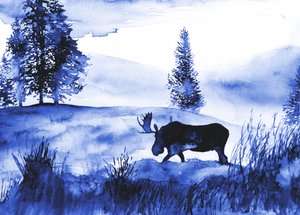 Ett vinterlandskap med älgar